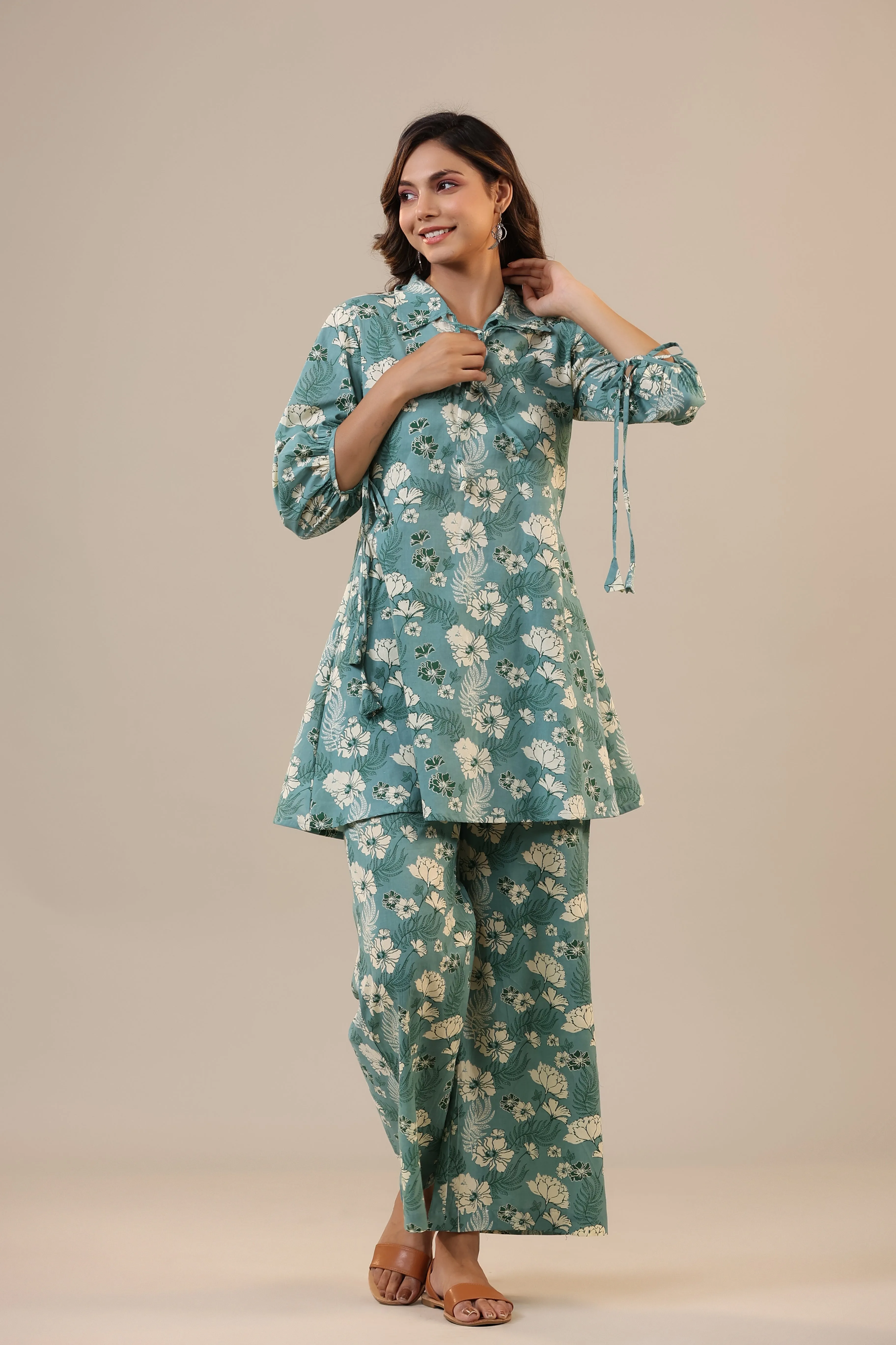 Jasmine on light Blue Cotton Collared Loungewear Set