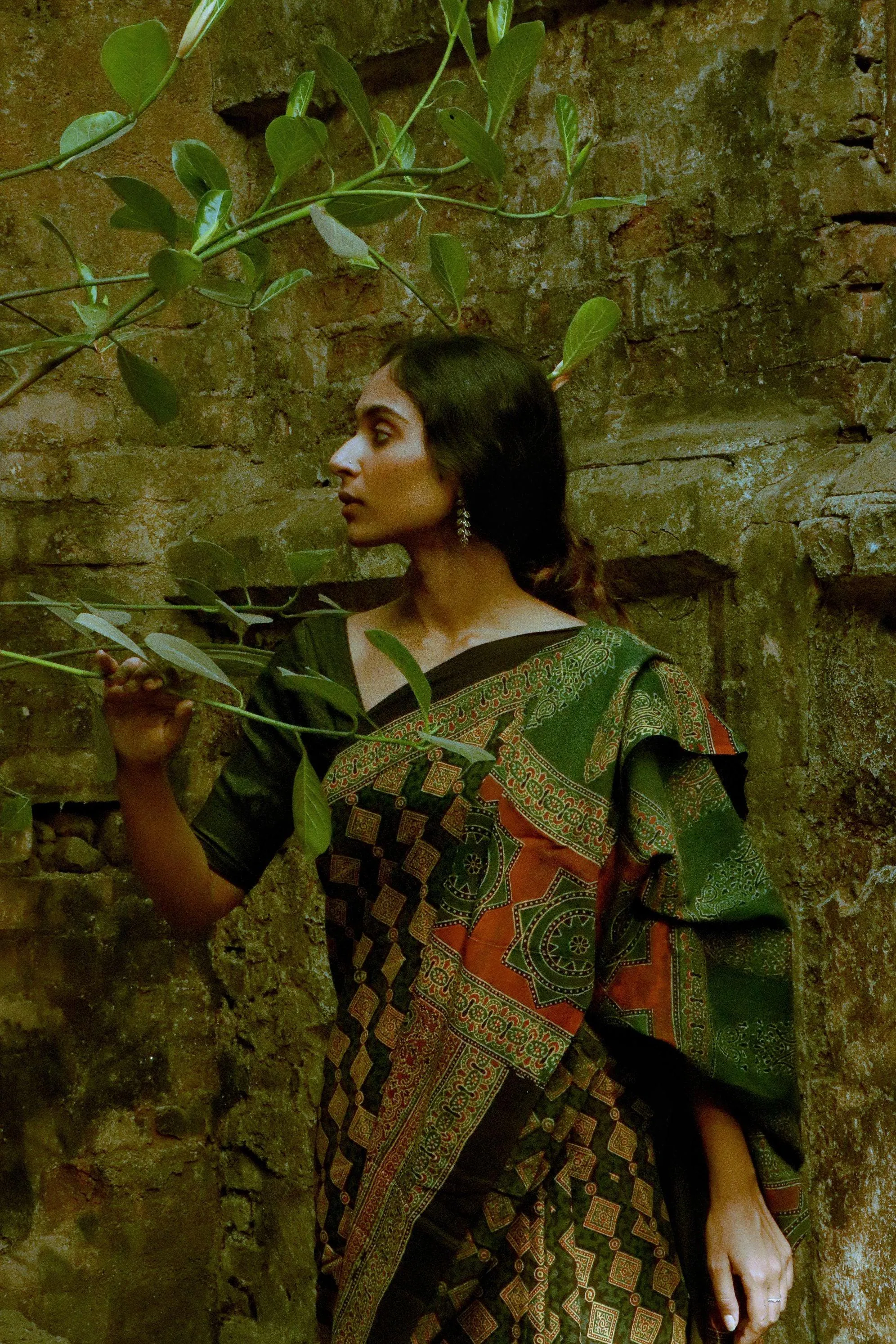 Jharokha -  Green Ajrakh handblockprinted saree