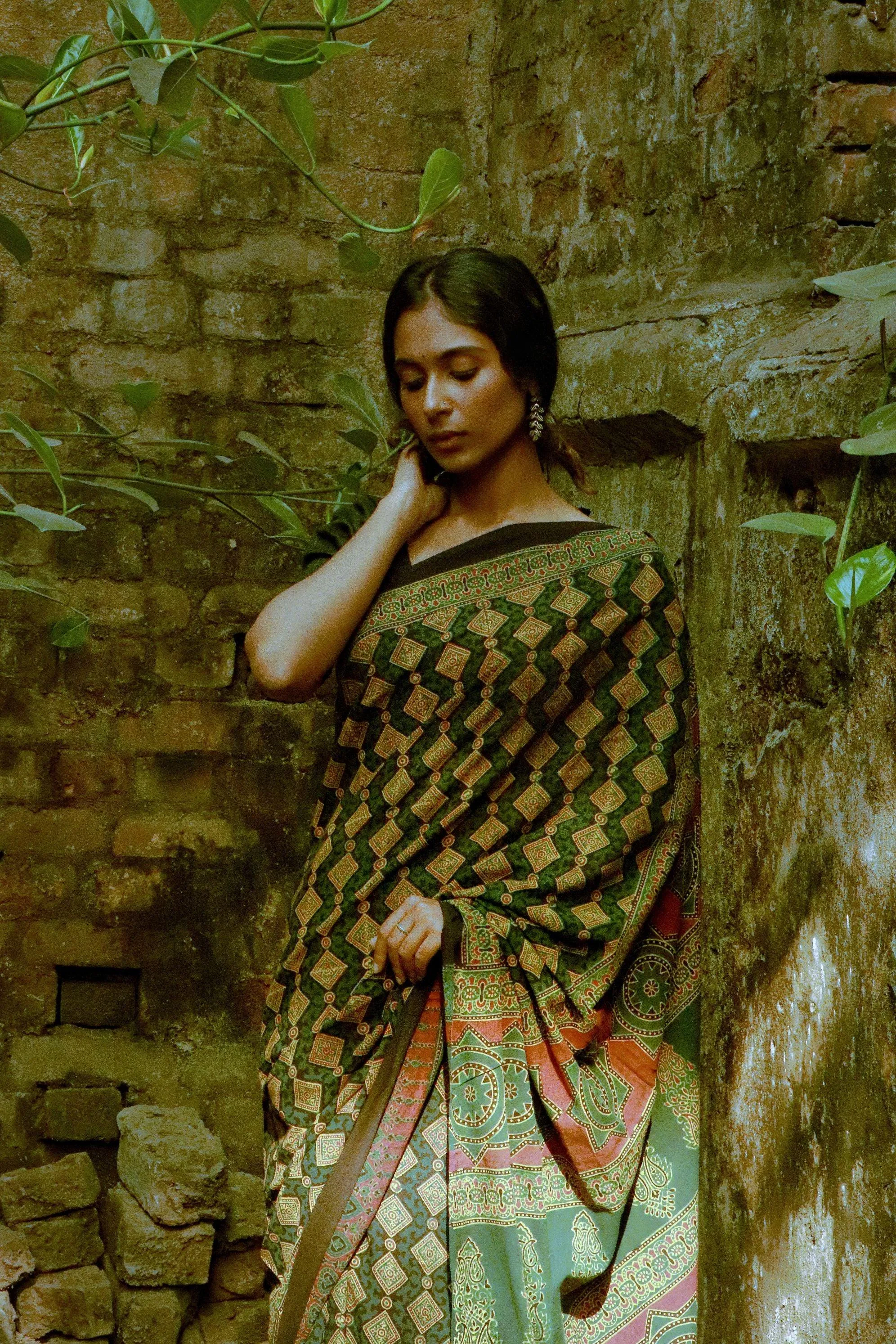 Jharokha -  Green Ajrakh handblockprinted saree