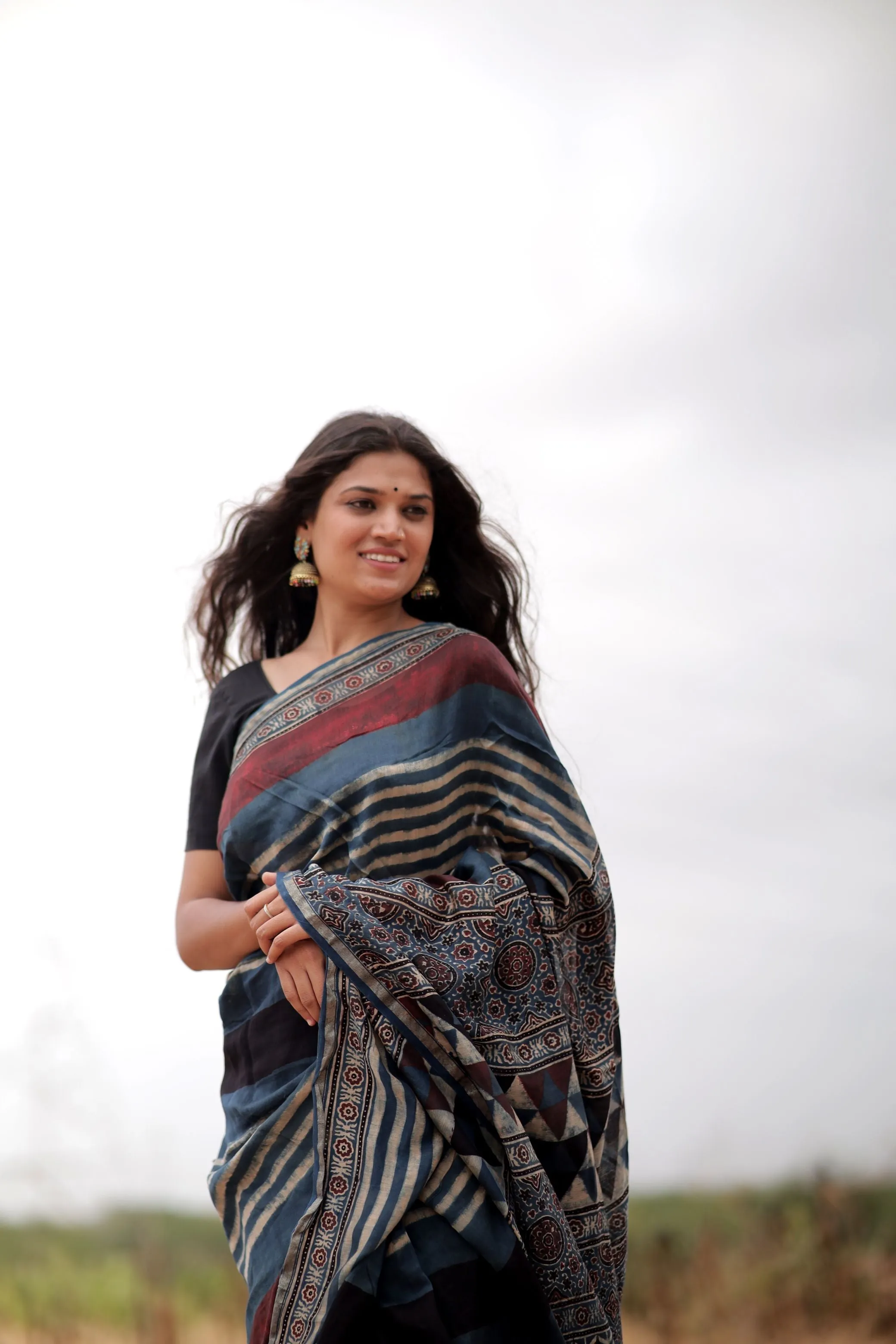 Jharokha -Indigo & black red striped silk cotton Ajrakh handblockprinted saree