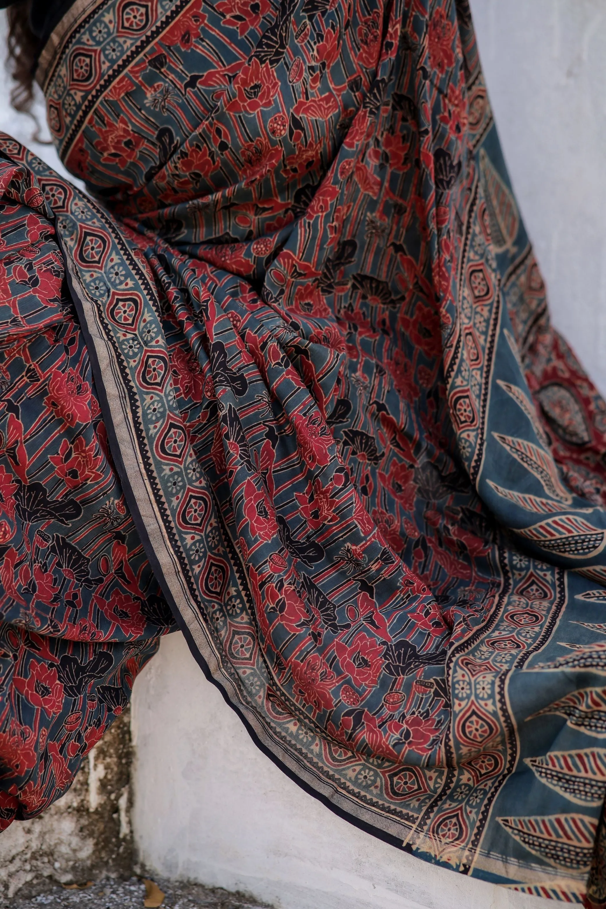 Jharokha -Indigo red floral silk cotton Ajrakh handblockprinted saree