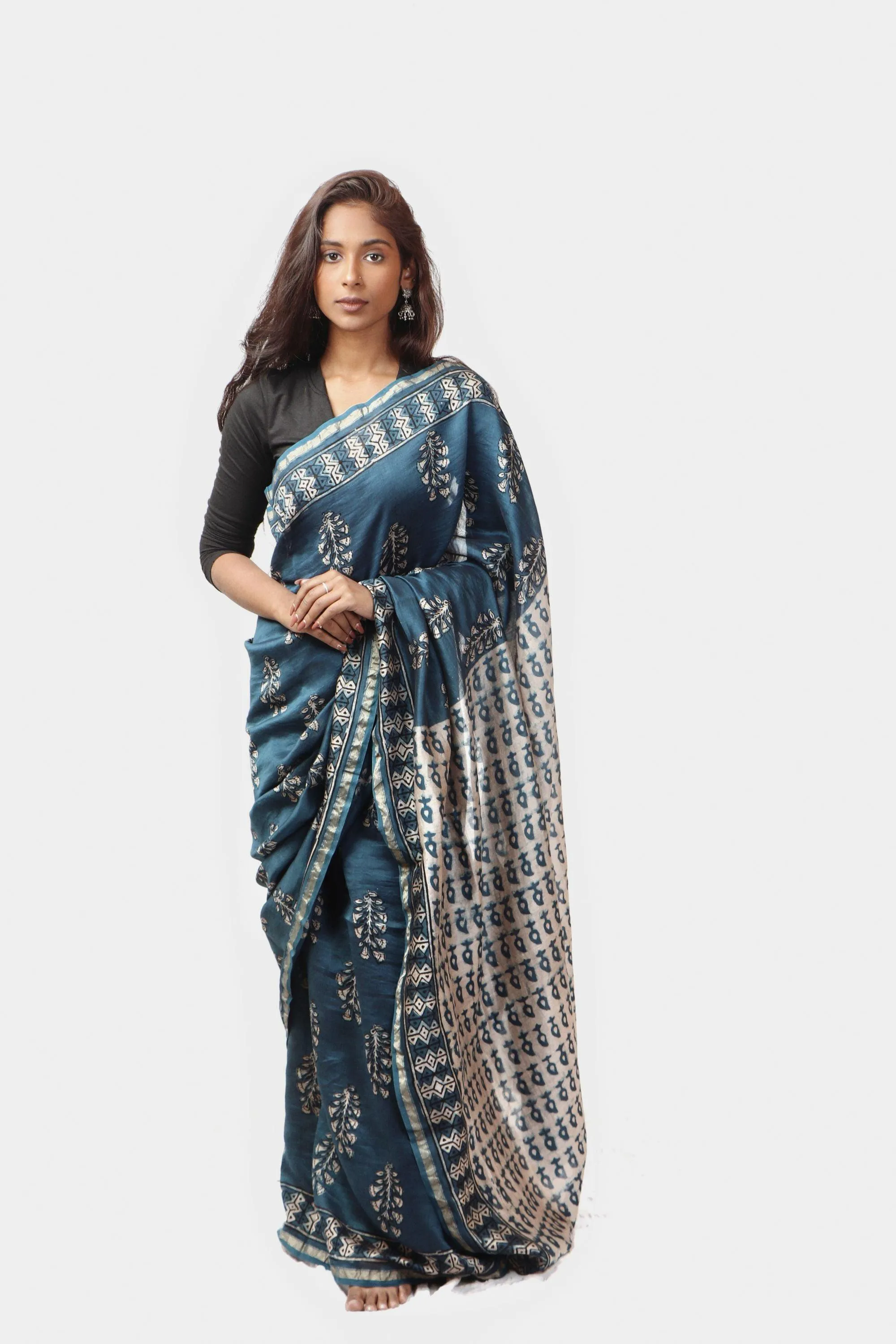 Kaisori Malhar - Dabu Light Indigo twig handblockprinted Silk Cotton saree