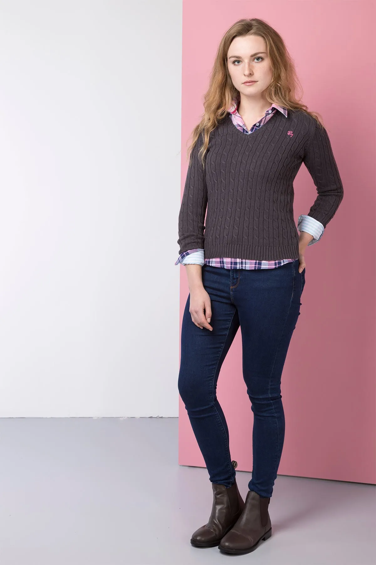 Ladies Cable Knit V Neck Jumper