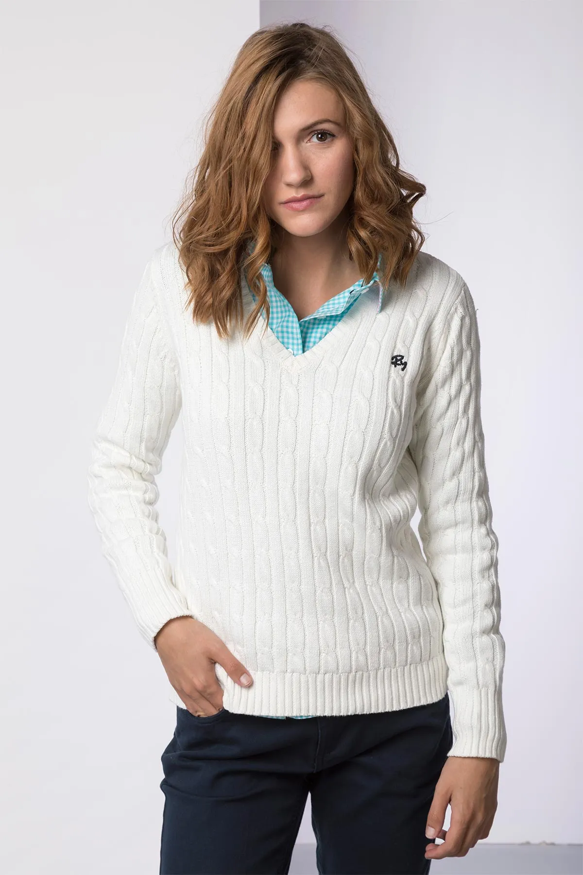 Ladies Cable Knit V Neck Jumper