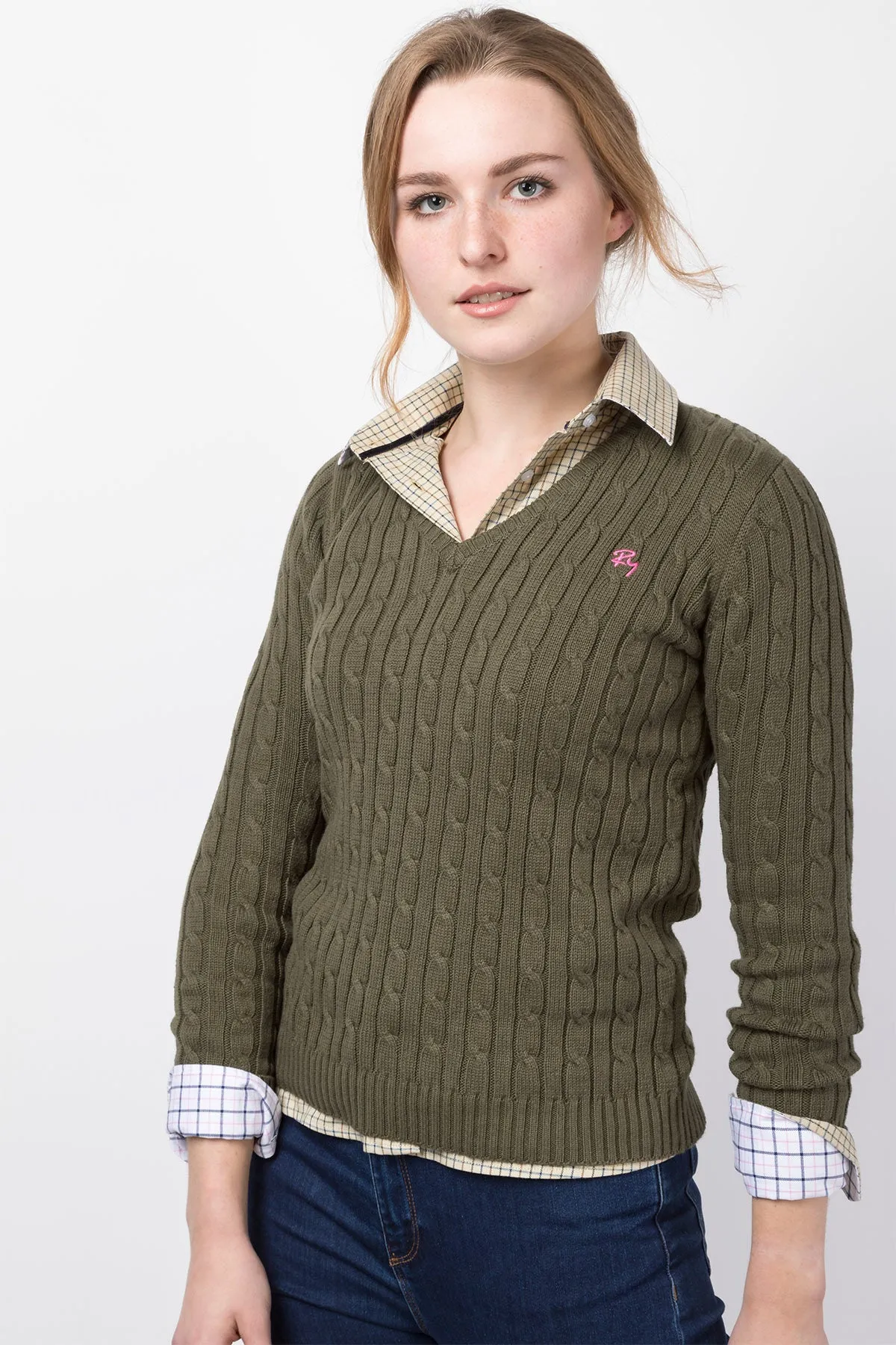 Ladies Cable Knit V Neck Jumper