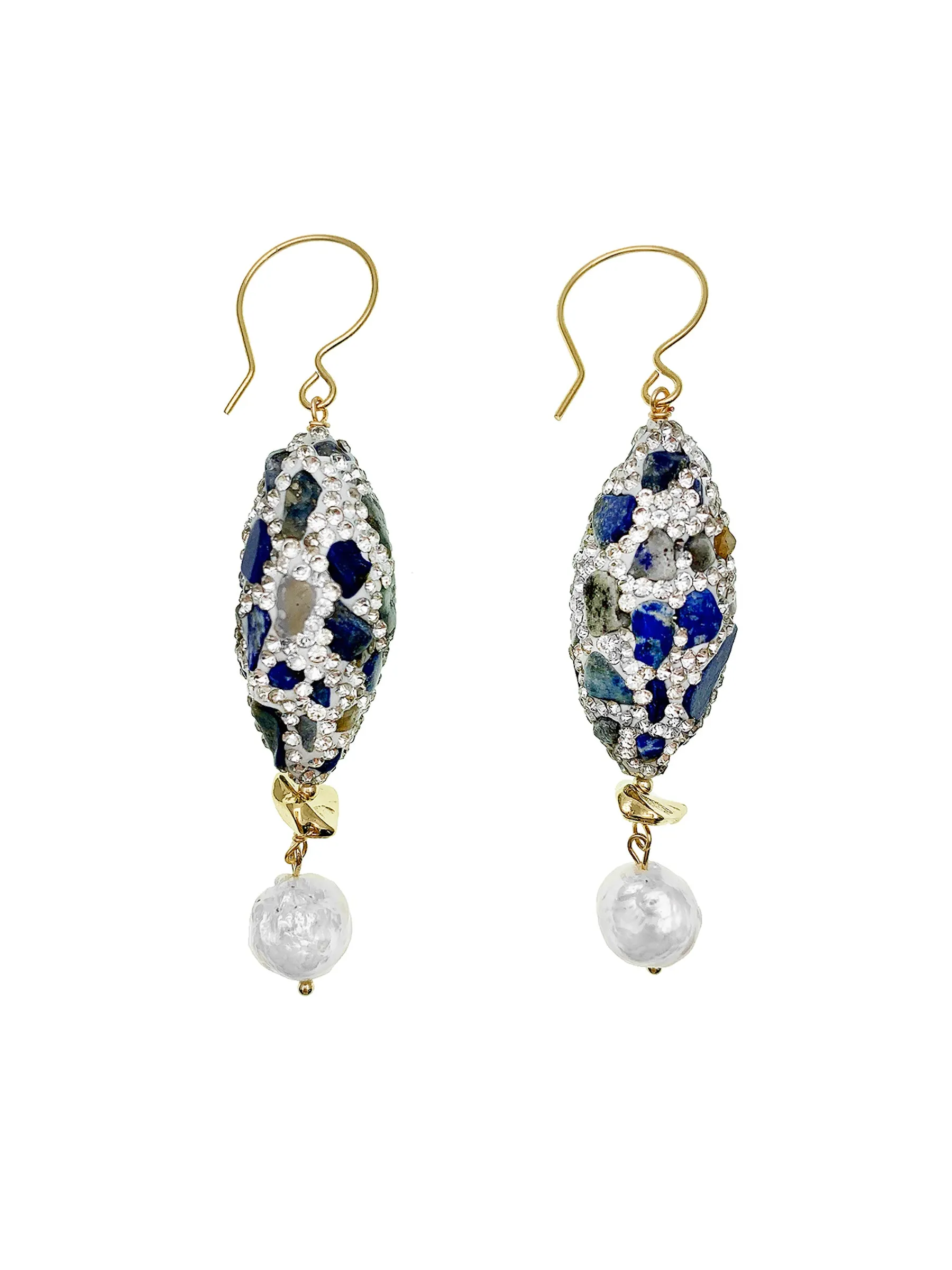 Lapis Rhinestone With Freshwater Pearls Dangle Earrings EE017