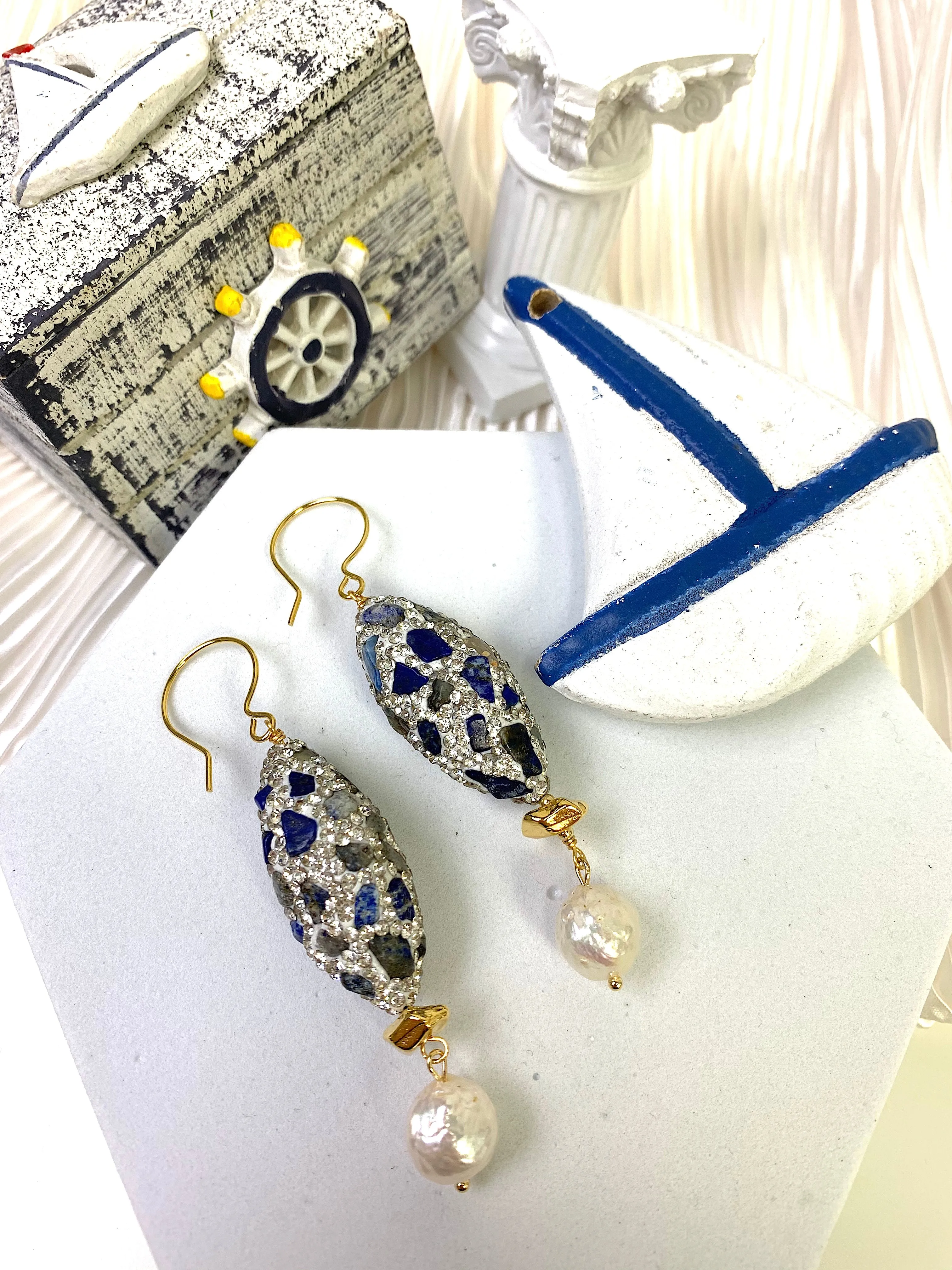 Lapis Rhinestone With Freshwater Pearls Dangle Earrings EE017