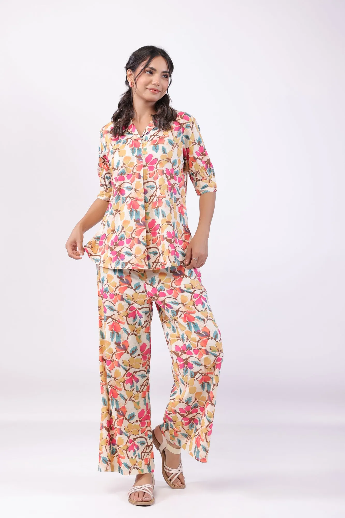 Lively Flowery Multicoloured Cotton Co-ord Set