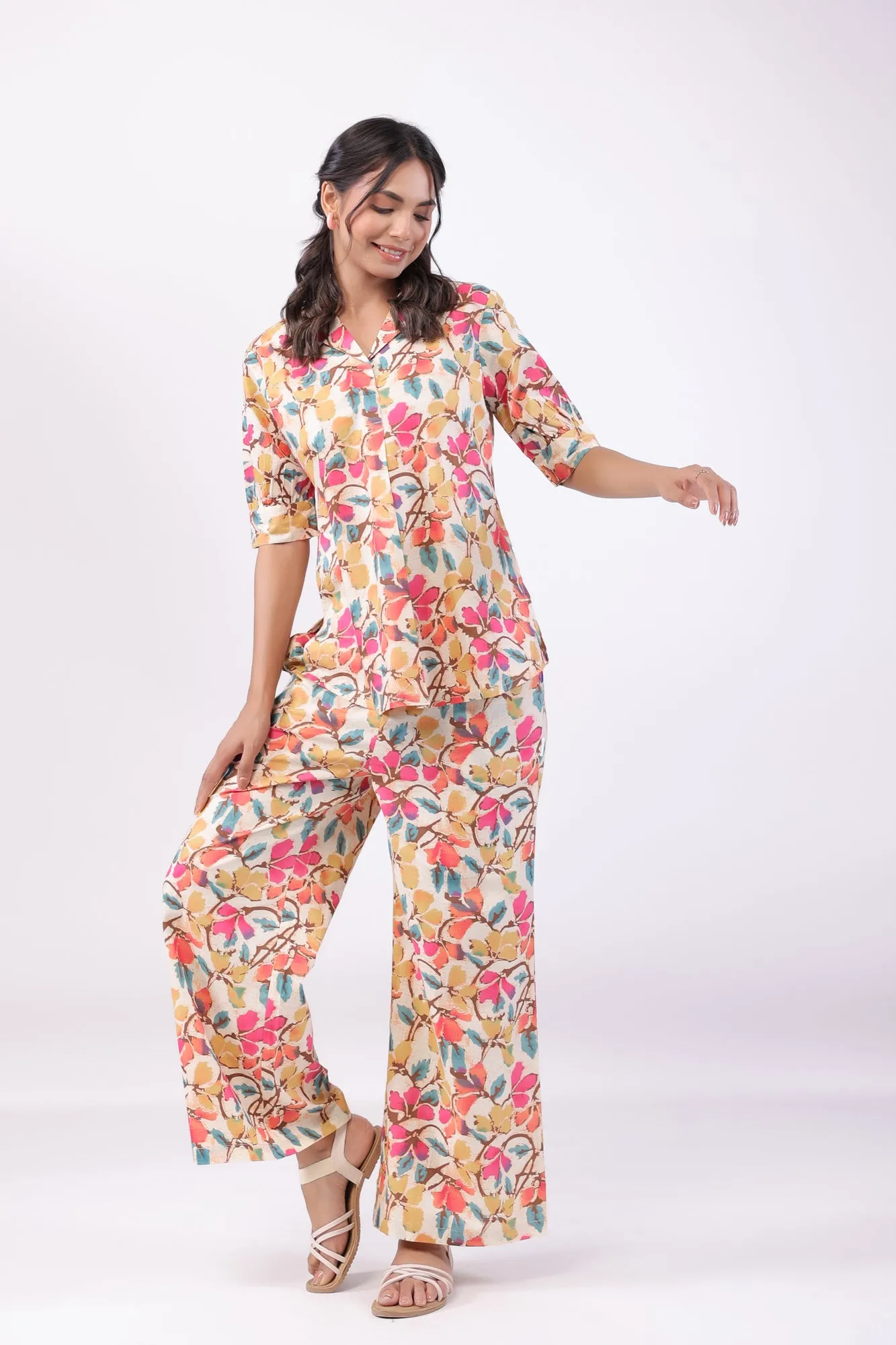 Lively Flowery Multicoloured Cotton Co-ord Set