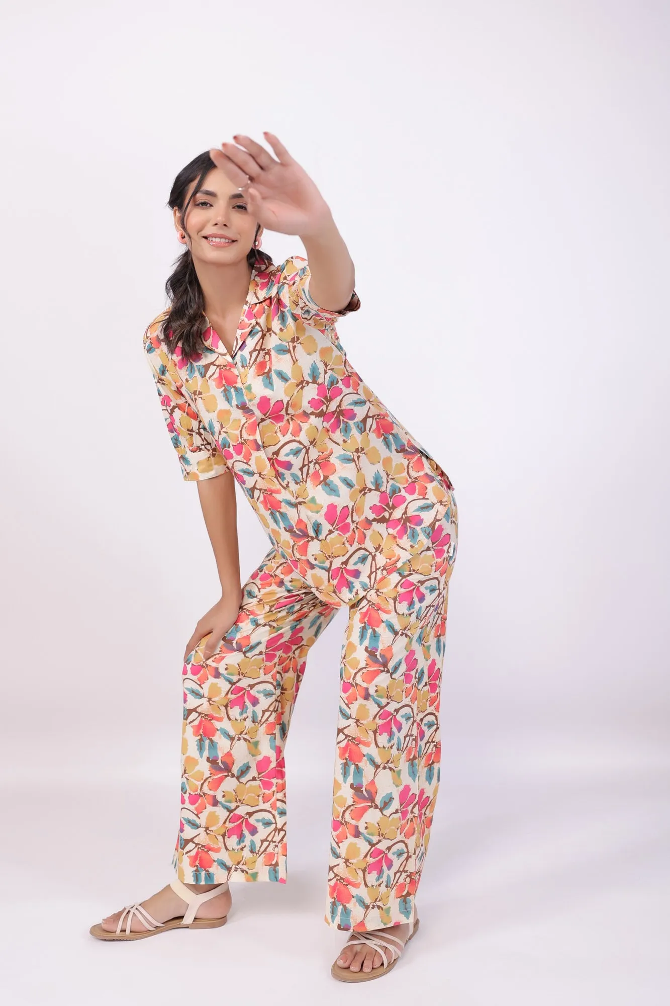 Lively Flowery Multicoloured Cotton Co-ord Set