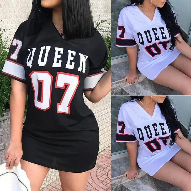 LVSANW 2024 New Fashion V-Neck Queen Letters Print Dress Short Sleeve Basketball Sporty Style Sexy Loose Female Clothing Streetwear