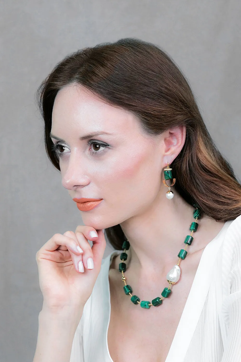 Malachite & Freshwater Pearls Geo Earrings AE027