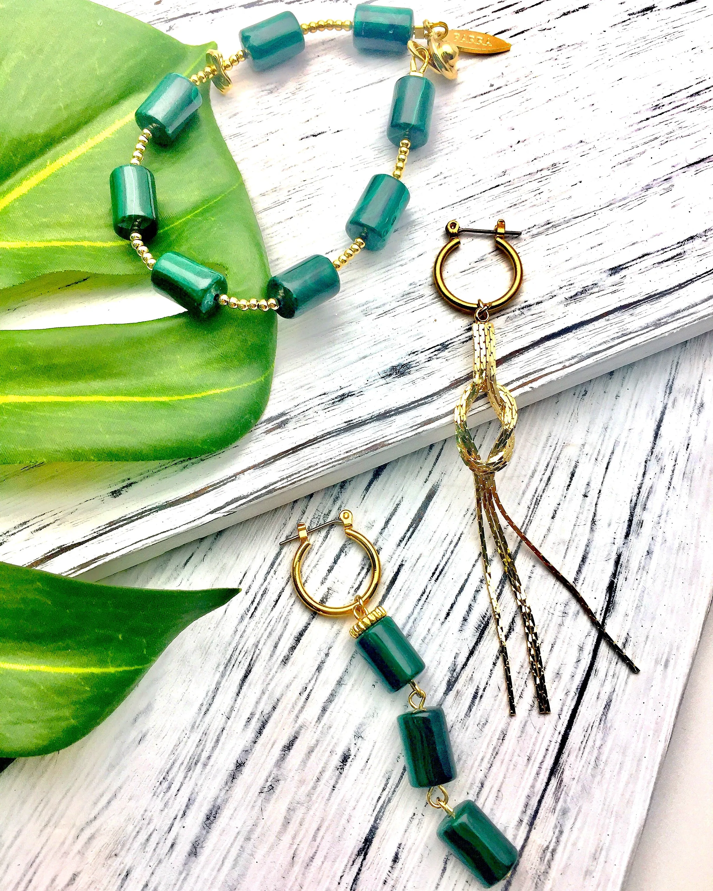 Malachite & Metal Fringe Asymmetrical Earrings CE035