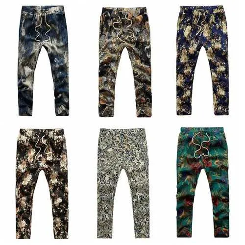 Mens Fashion Summer Slim Casual Joggers Pants Flower Printing Linen Trousers