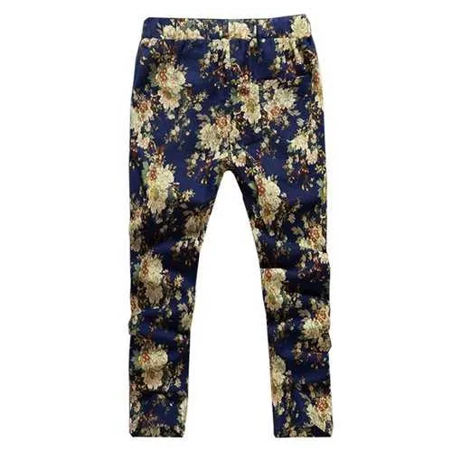 Mens Fashion Summer Slim Casual Joggers Pants Flower Printing Linen Trousers