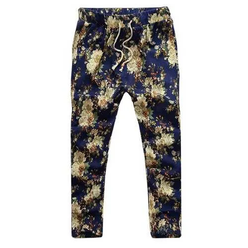 Mens Fashion Summer Slim Casual Joggers Pants Flower Printing Linen Trousers