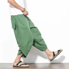 Mens Summer Loose Radish Trousers Breathable Haren Wide Leg Pants Casual Calf-Length Pants