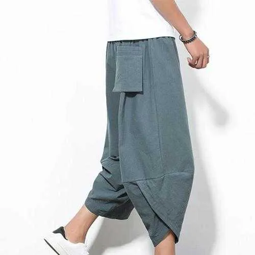 Mens Summer Loose Radish Trousers Breathable Haren Wide Leg Pants Casual Calf-Length Pants