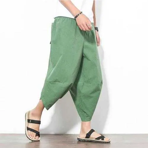 Mens Summer Loose Radish Trousers Breathable Haren Wide Leg Pants Casual Calf-Length Pants