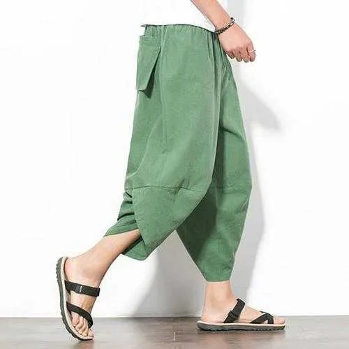 Mens Summer Loose Radish Trousers Breathable Haren Wide Leg Pants Casual Calf-Length Pants