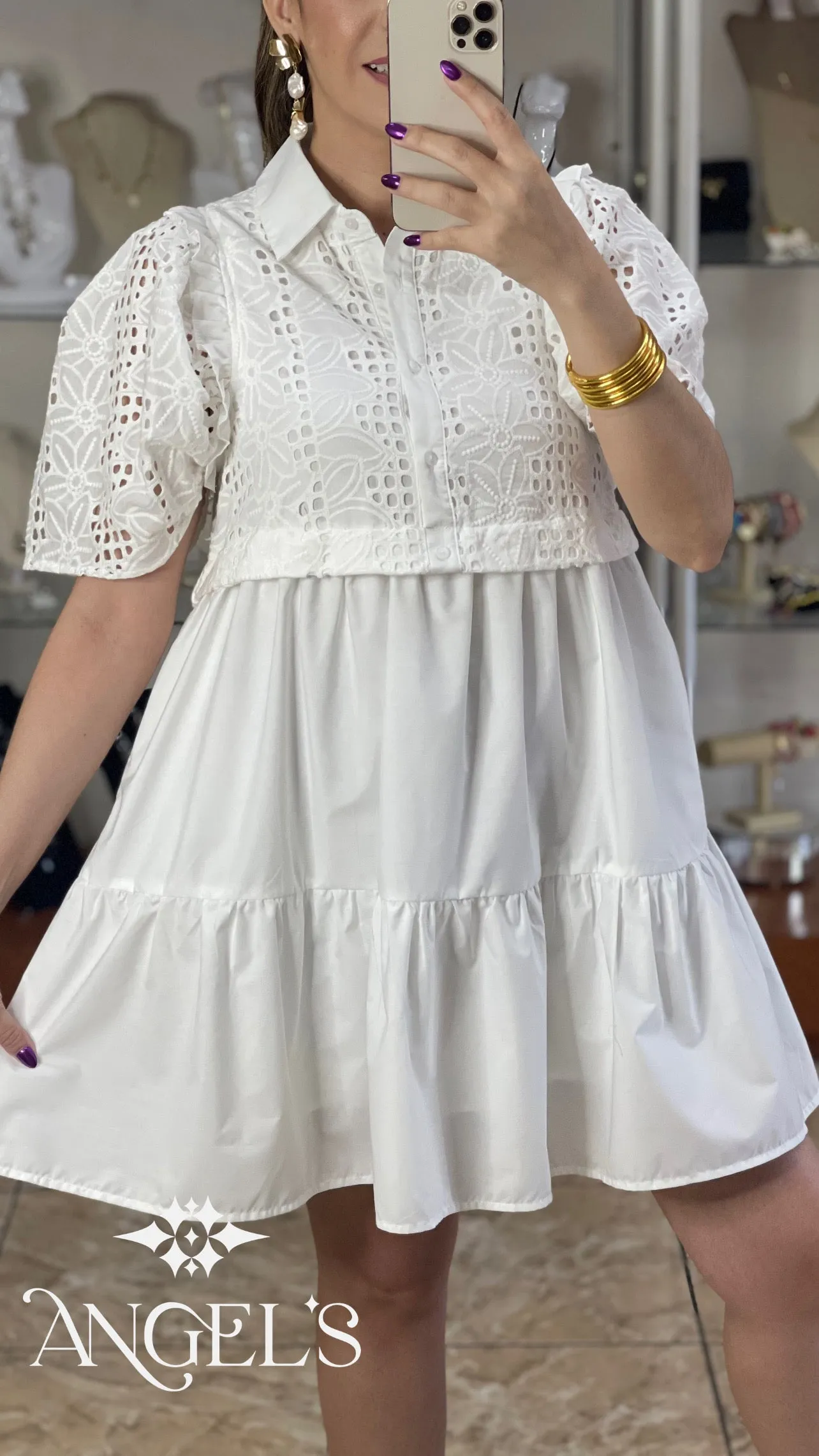 Puff Sleeve Eyelet Mini Dress