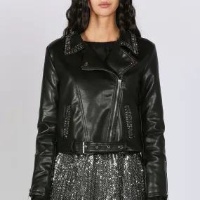 Rhinestones Embellished Vegan Leather Biker Jacket at Bourbon Cowgirl