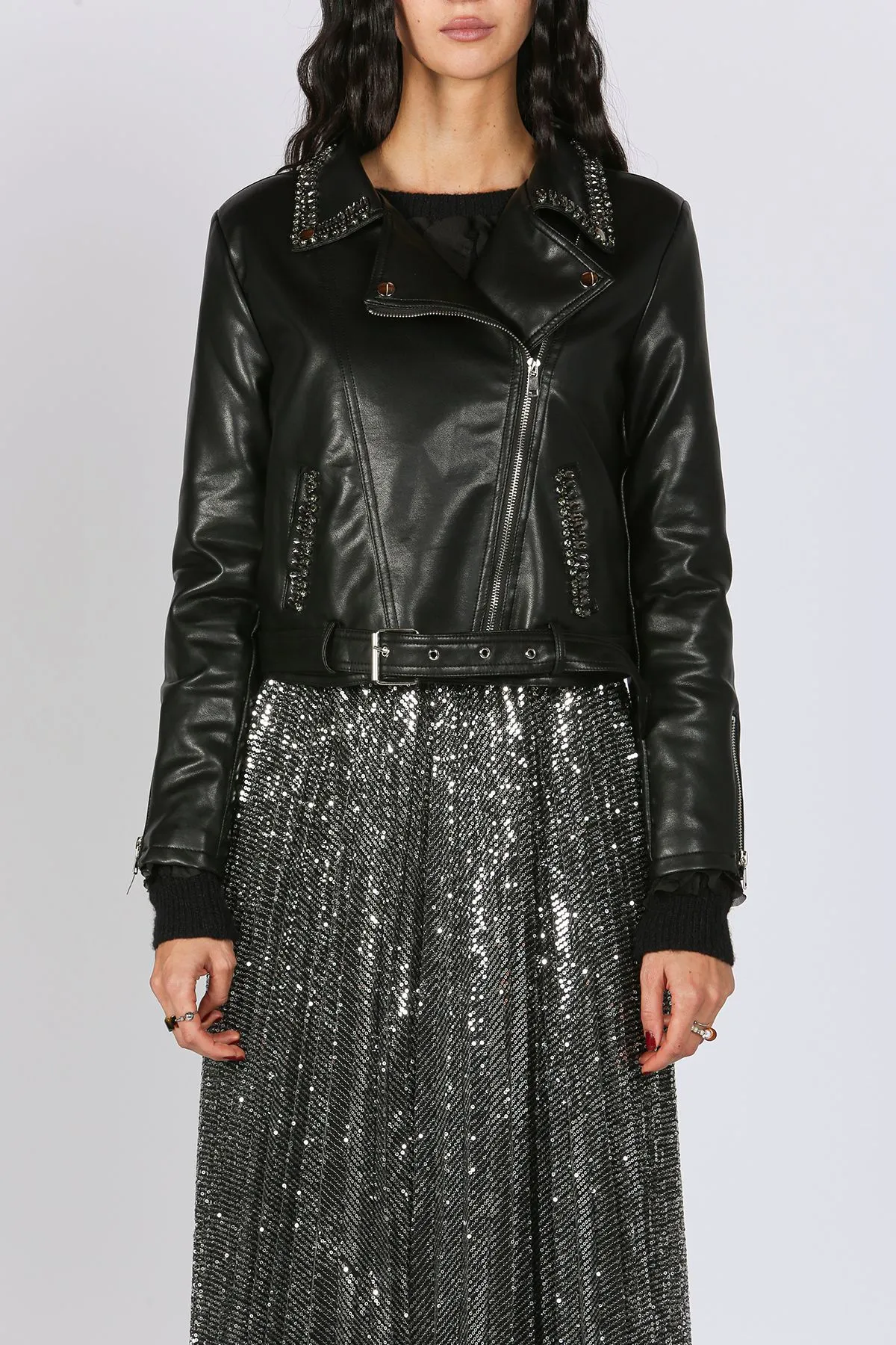 Rhinestones Embellished Vegan Leather Biker Jacket at Bourbon Cowgirl