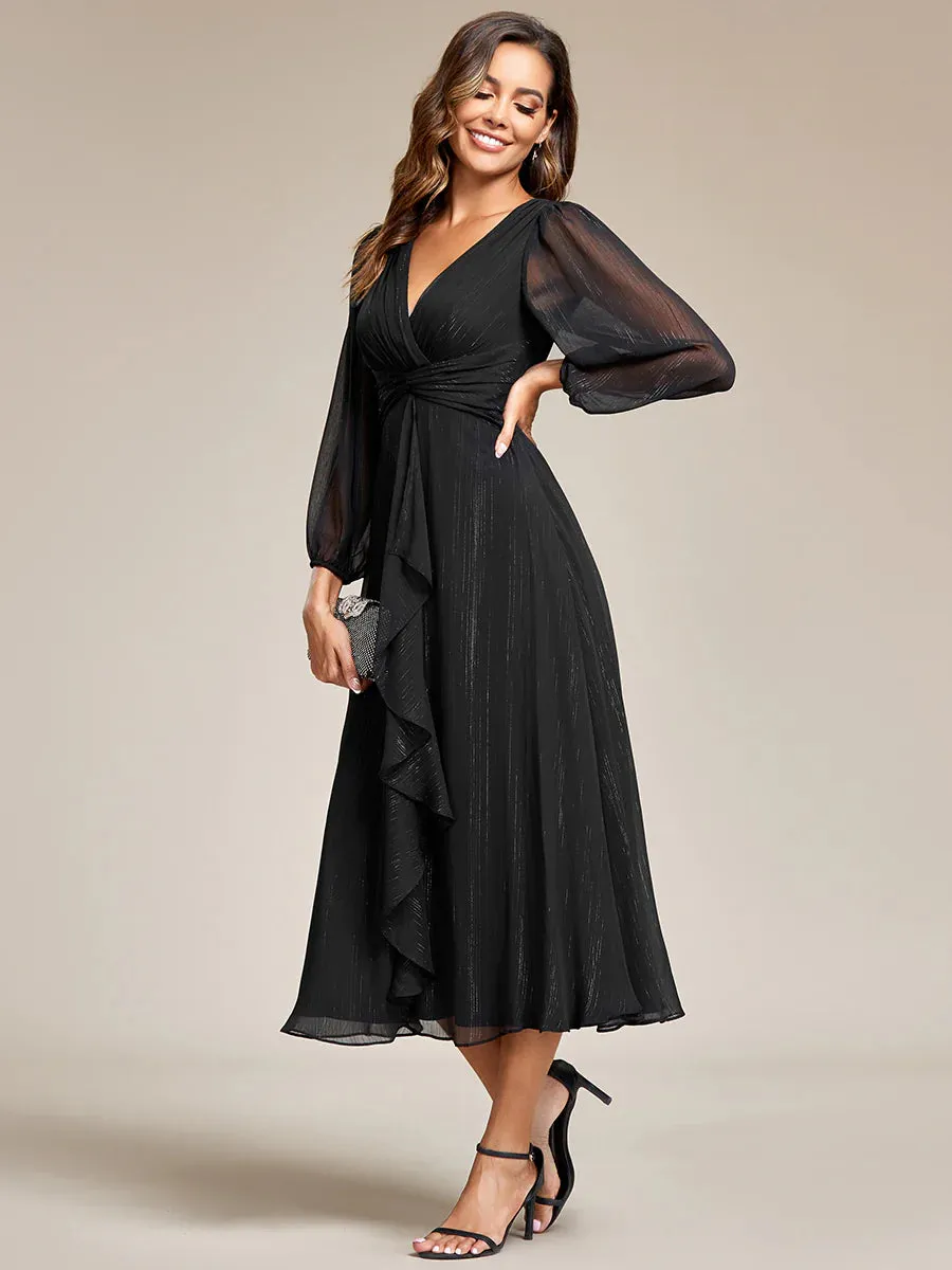 Shiny Chiffon Wedding Guest Evening Dresses with Long Sleeve