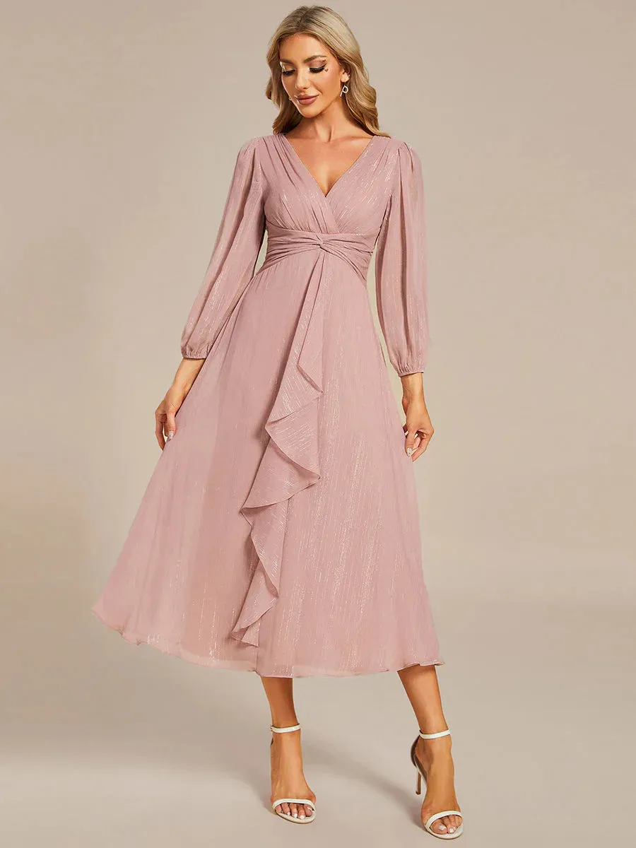 Shiny Chiffon Wedding Guest Evening Dresses with Long Sleeve