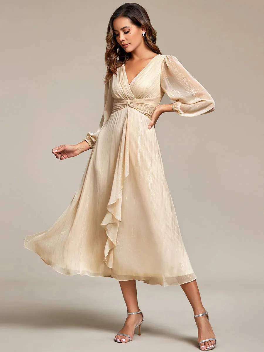 Shiny Chiffon Wedding Guest Evening Dresses with Long Sleeve