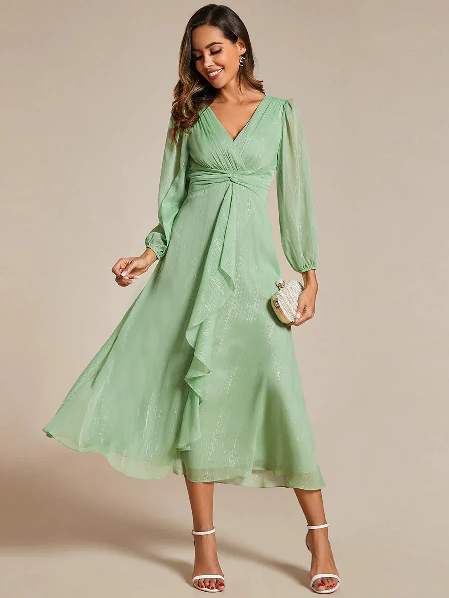 Shiny Chiffon Wedding Guest Evening Dresses with Long Sleeve