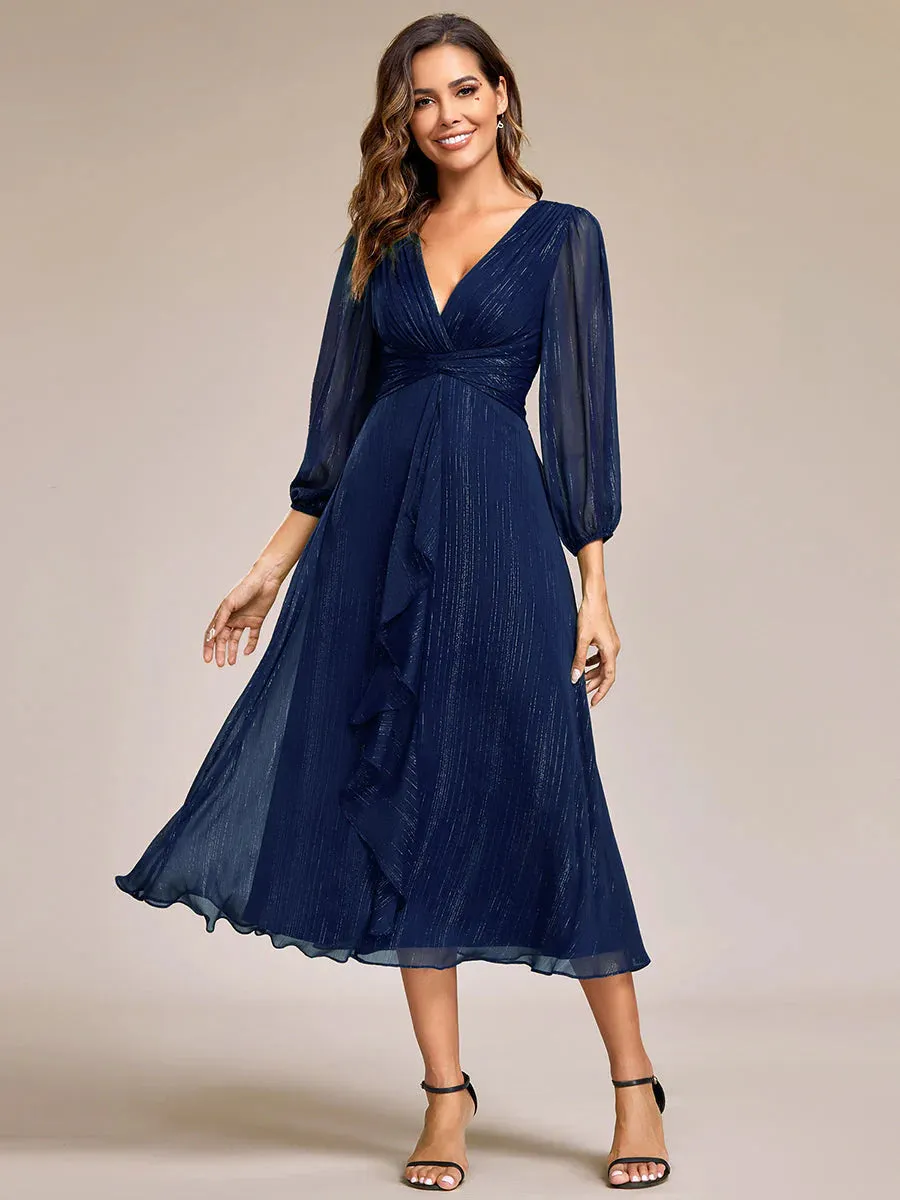 Shiny Chiffon Wedding Guest Evening Dresses with Long Sleeve