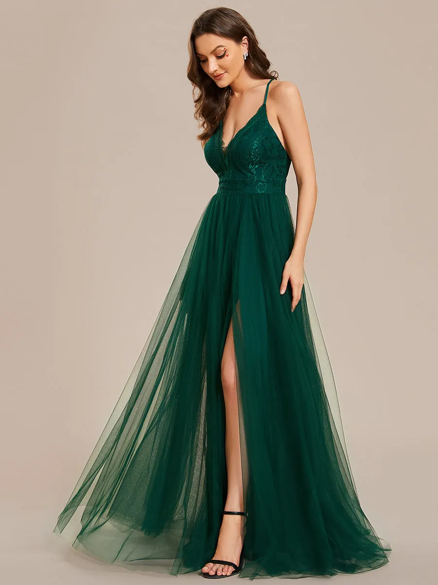 Sleeveless Embroidery Floor Length V Neck Evening Dress with Spaghetti Straps