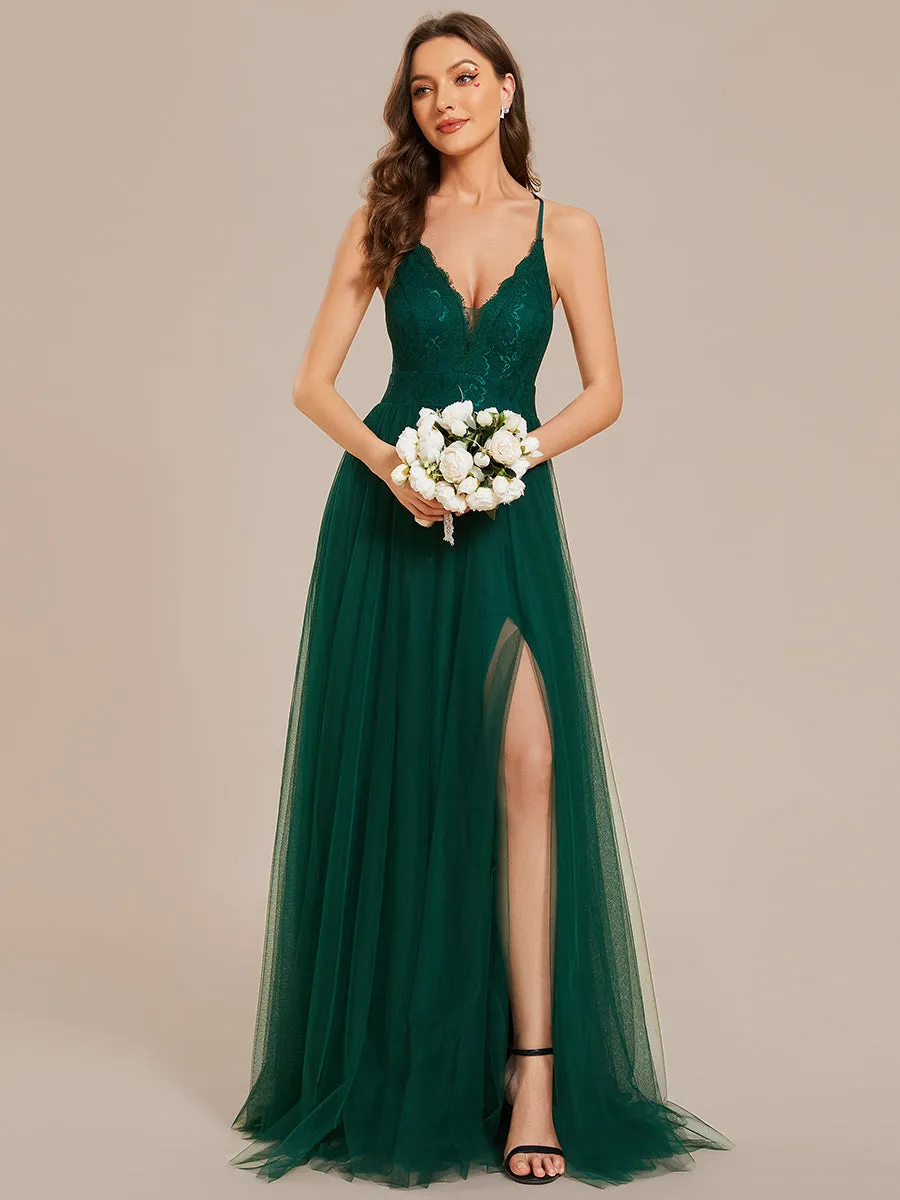 Sleeveless Embroidery Floor Length V Neck Evening Dress with Spaghetti Straps