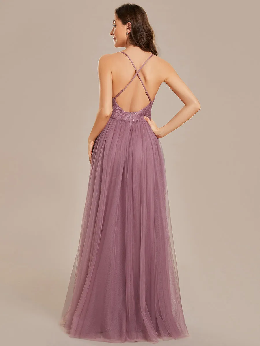 Sleeveless Embroidery Floor Length V Neck Evening Dress with Spaghetti Straps