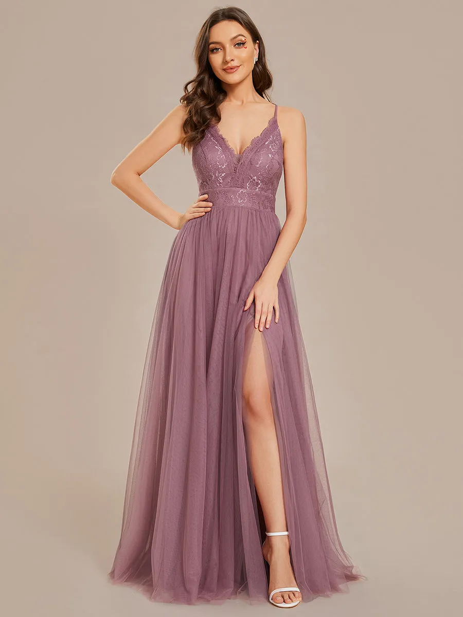 Sleeveless Embroidery Floor Length V Neck Evening Dress with Spaghetti Straps