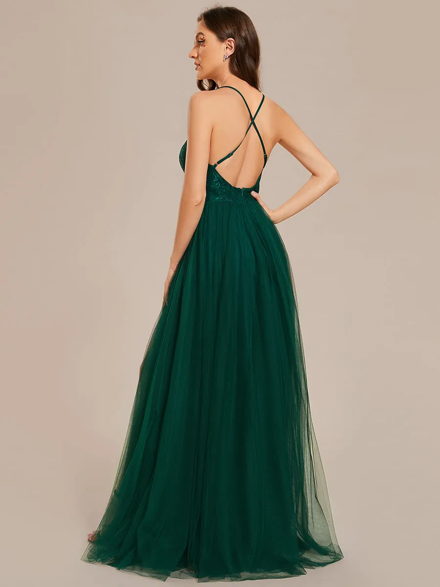 Sleeveless Embroidery Floor Length V Neck Evening Dress with Spaghetti Straps