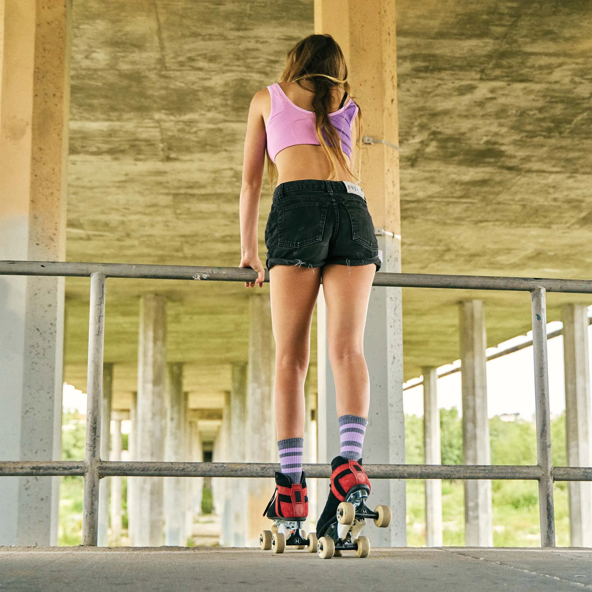 SOCCO Performance Crew | Lilac Striped Socks | Dark Heather Grey