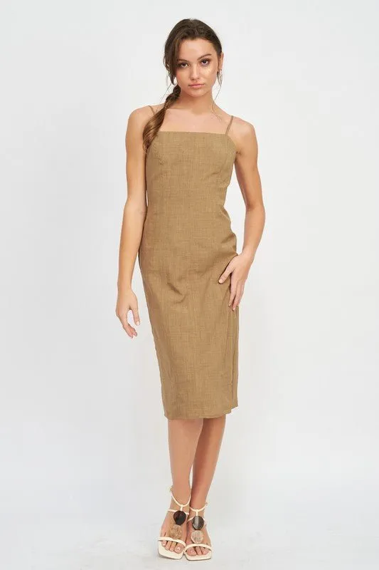 SPAGHETTI STRAP MIDI DRESS WITH SLIT