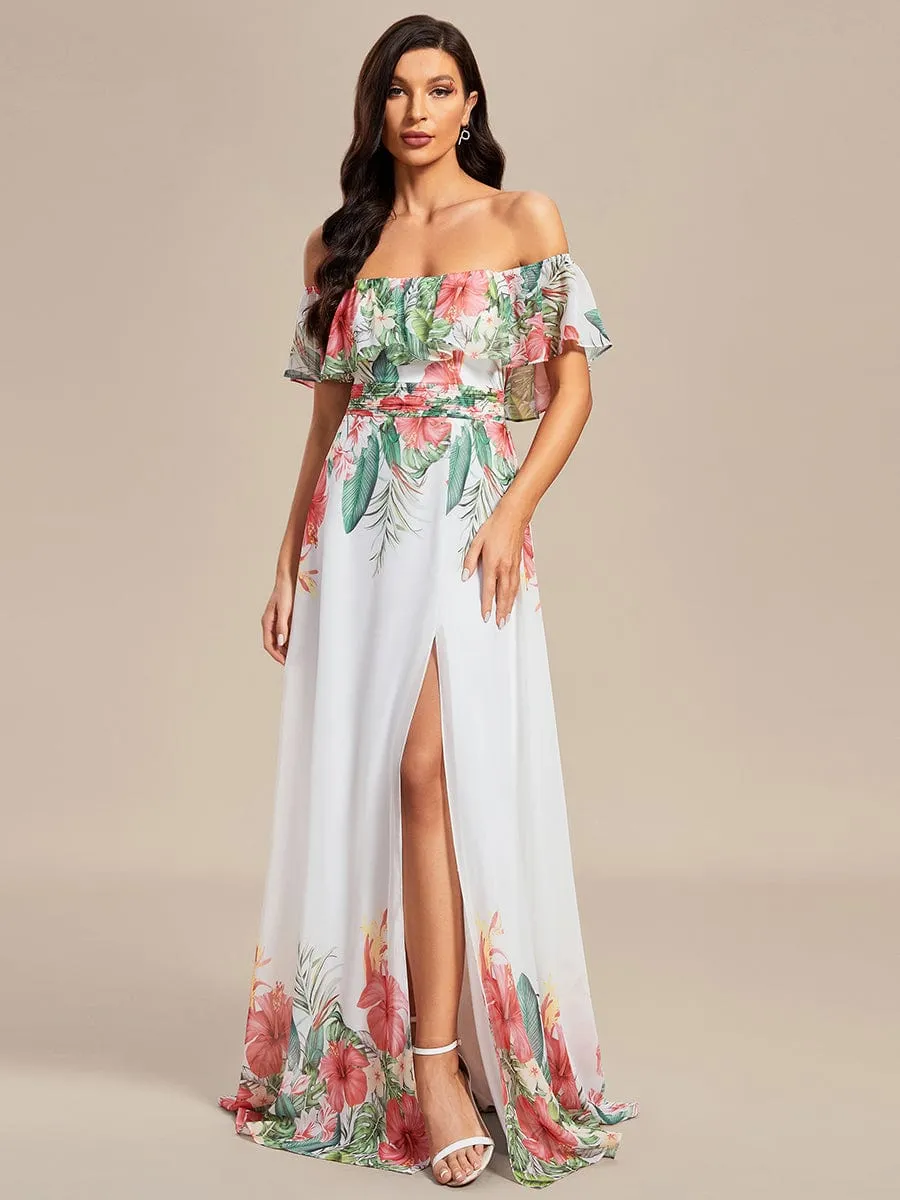 Summer Printed Chiffon Off the Shoulder A-Line Evening Dress