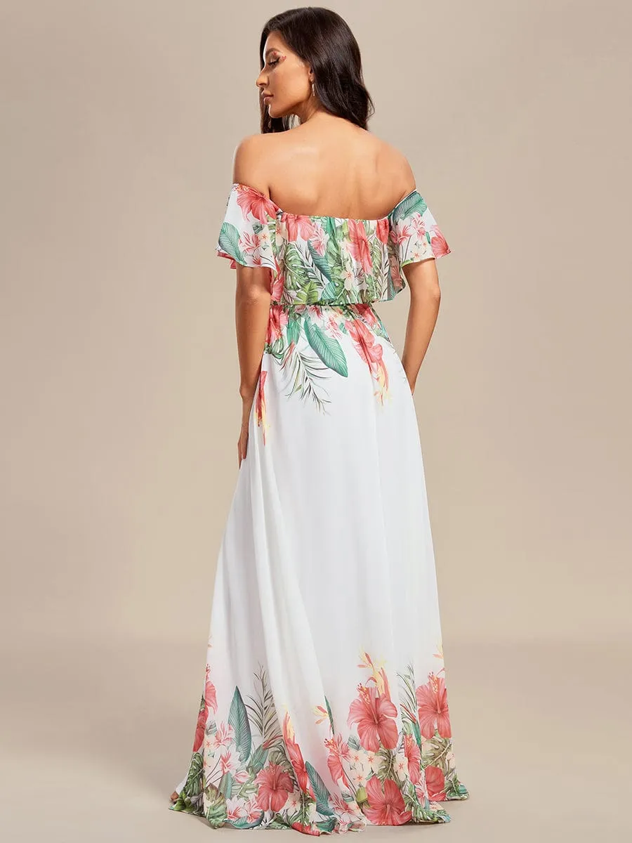 Summer Printed Chiffon Off the Shoulder A-Line Evening Dress