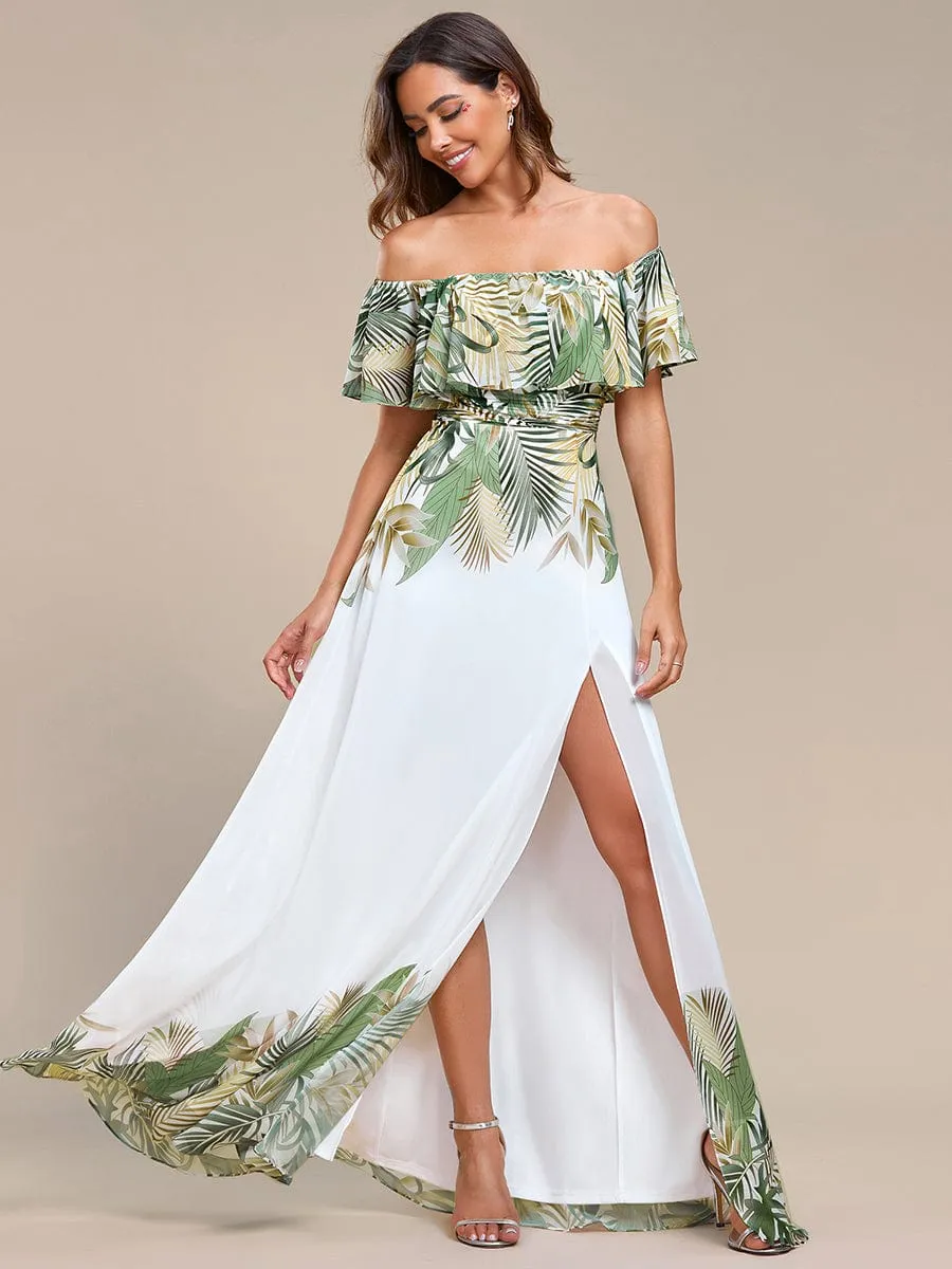 Summer Printed Chiffon Off the Shoulder A-Line Evening Dress