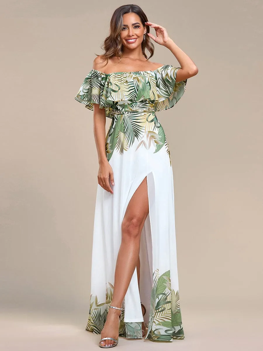 Summer Printed Chiffon Off the Shoulder A-Line Evening Dress