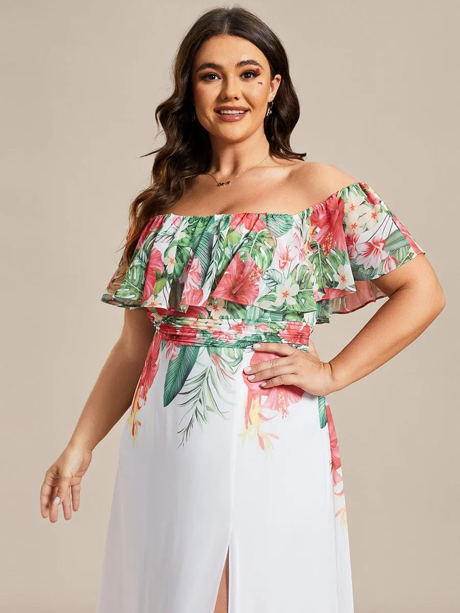 Summer Printed Chiffon Off the Shoulder A-Line Evening Dress