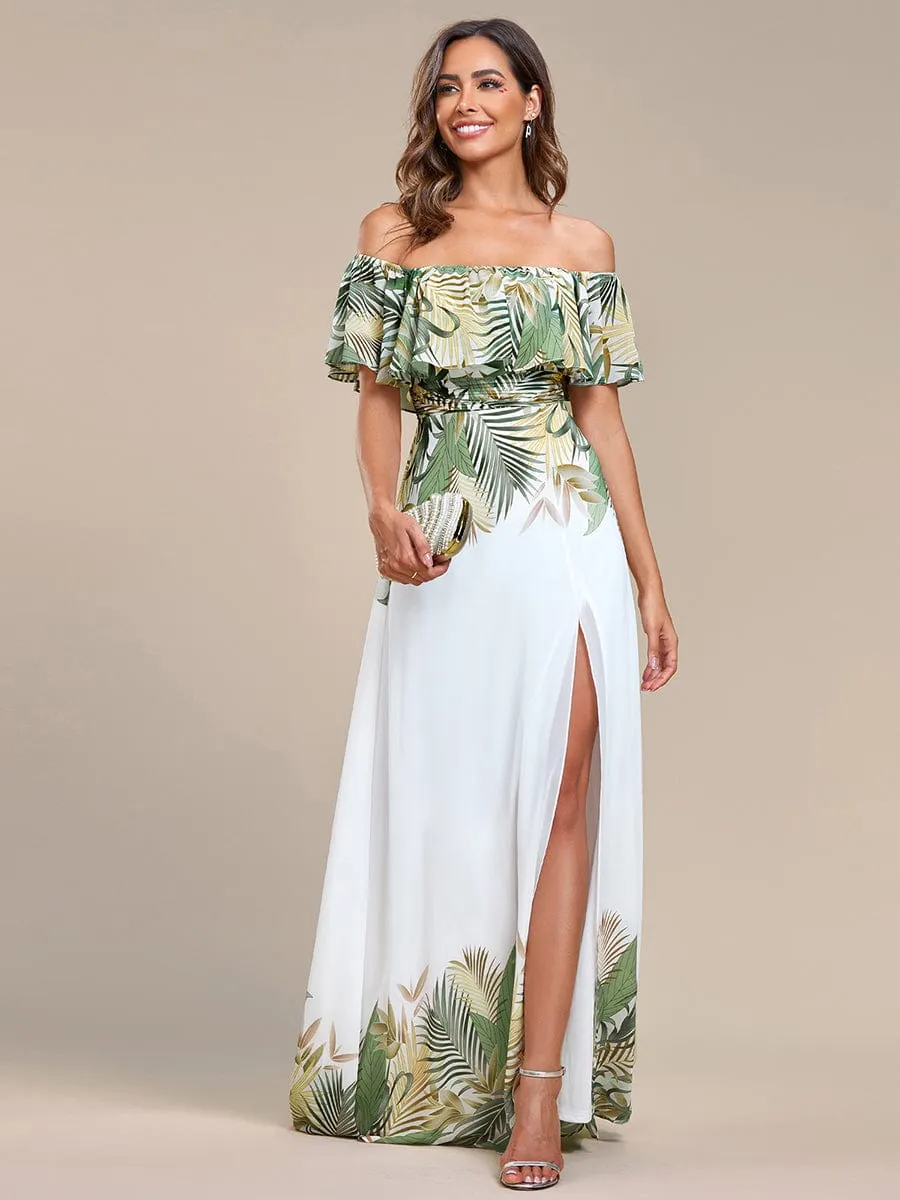 Summer Printed Chiffon Off the Shoulder A-Line Evening Dress