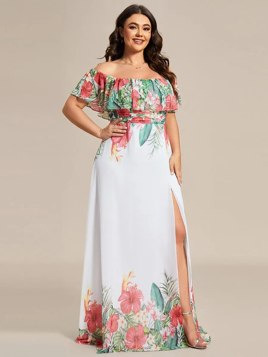 Summer Printed Chiffon Off the Shoulder A-Line Evening Dress