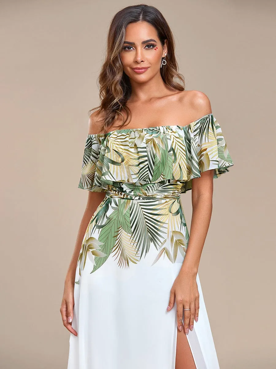 Summer Printed Chiffon Off the Shoulder A-Line Evening Dress