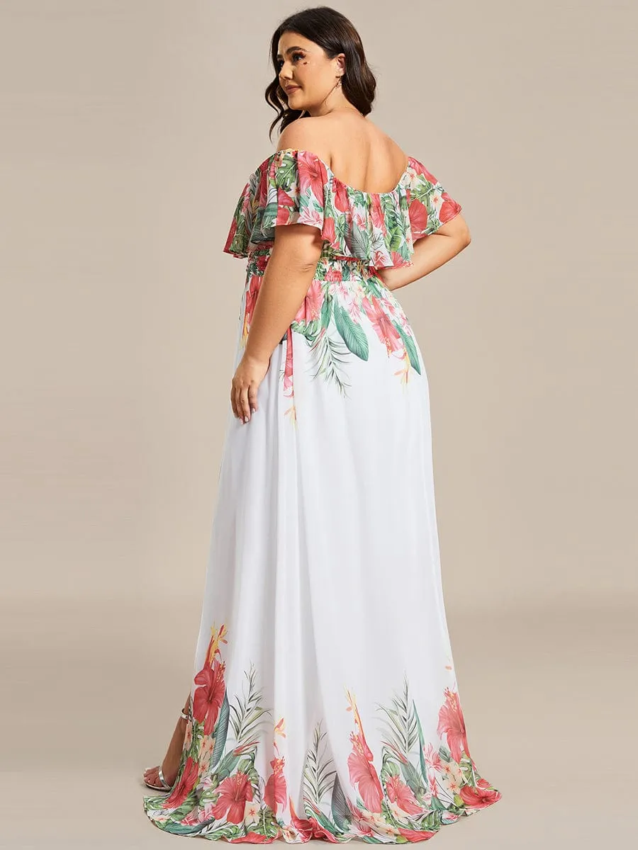 Summer Printed Chiffon Off the Shoulder A-Line Evening Dress