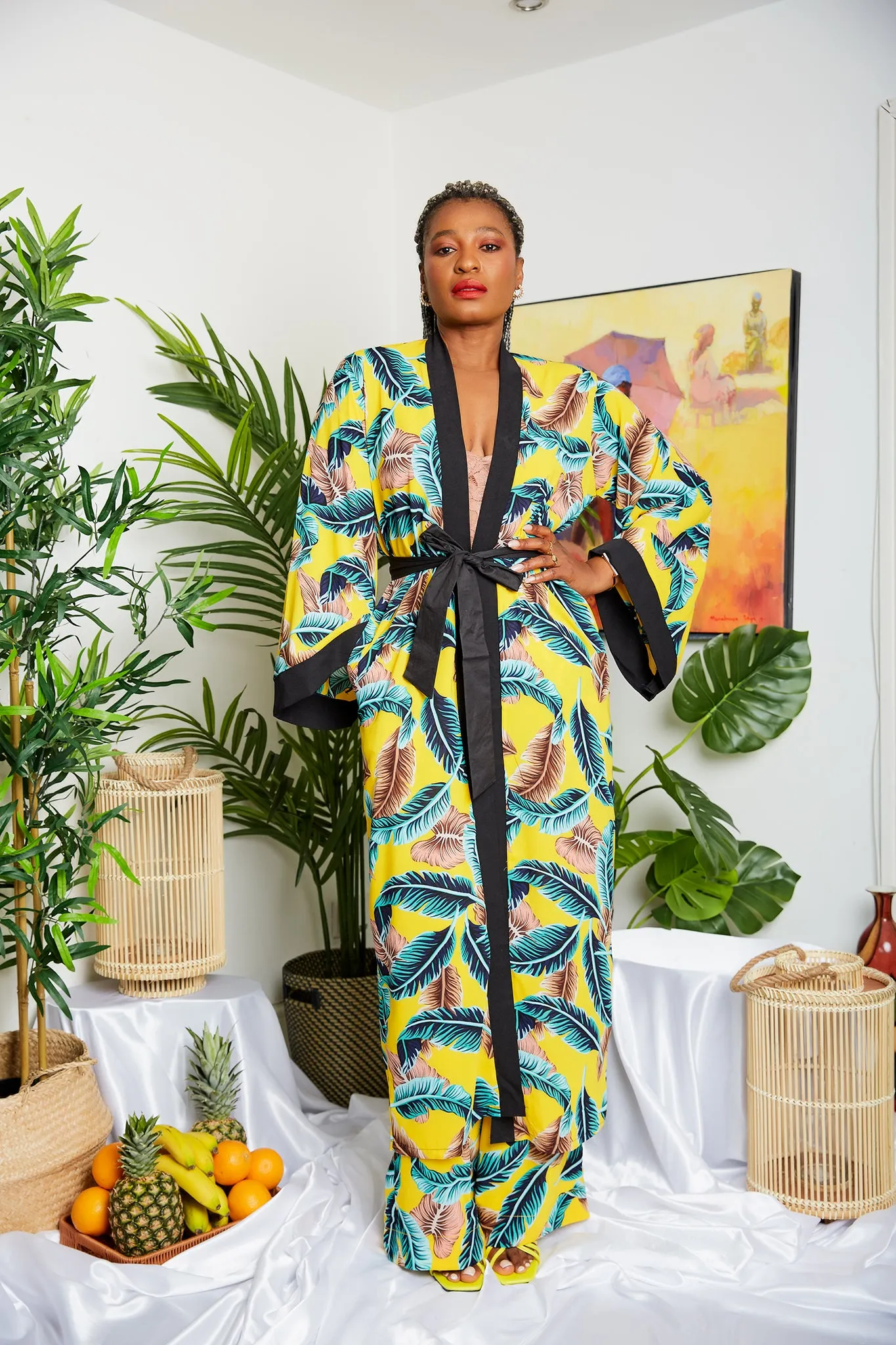 Tropical Yellow Crepe Print Kimono  (Trouser sold Separately)- Kelsey