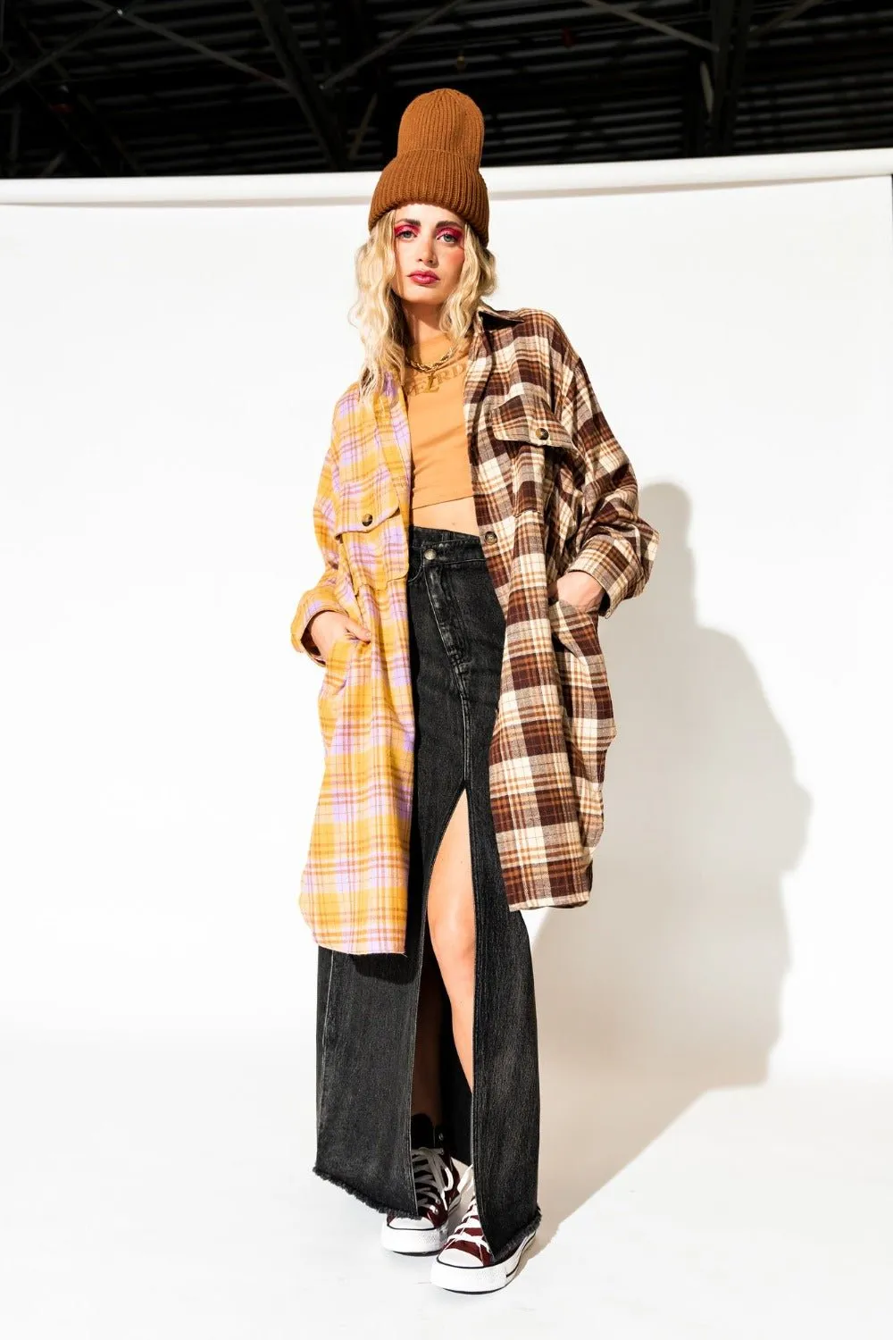 Zuri Oversized Grunge Flannel in Half   Half Yellow and Brown